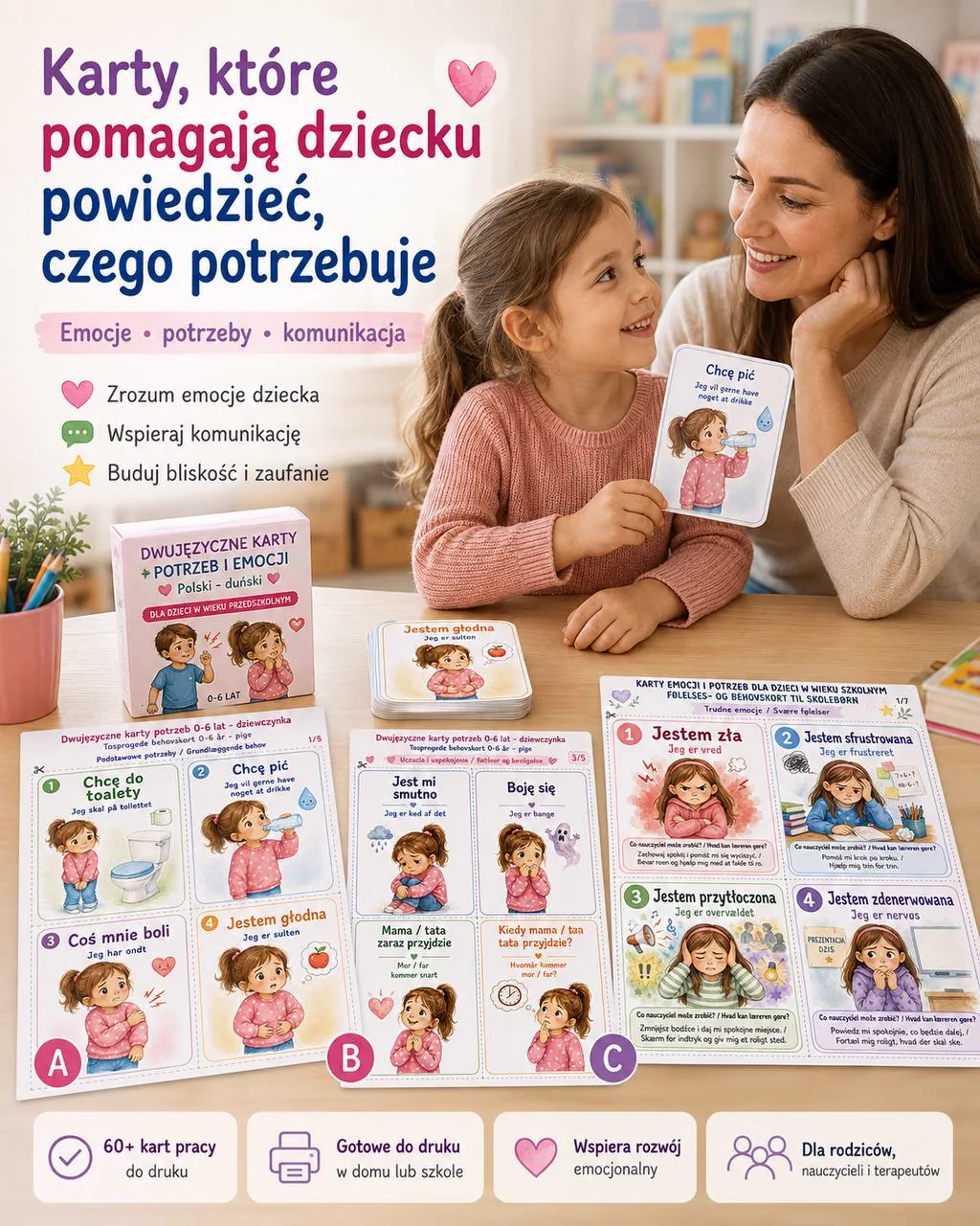 Mama z dzieckiem korzystający z dwujęzycznych kart potrzeb i emocji